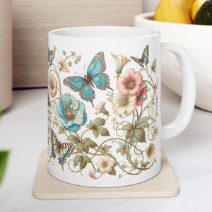Butterflies and Flowers Ceramic Mug, Floral Coffee Cup, Butterfly Tea Mug, Nature Lover Gift, Garden Theme Cup, Botanical Drinkware