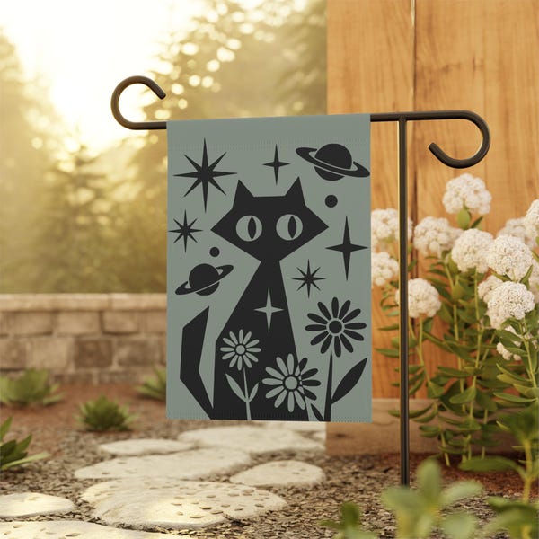 Space Cat Garden Banner | Neutral Green MCM Cat and Flowers Outdoor Flag