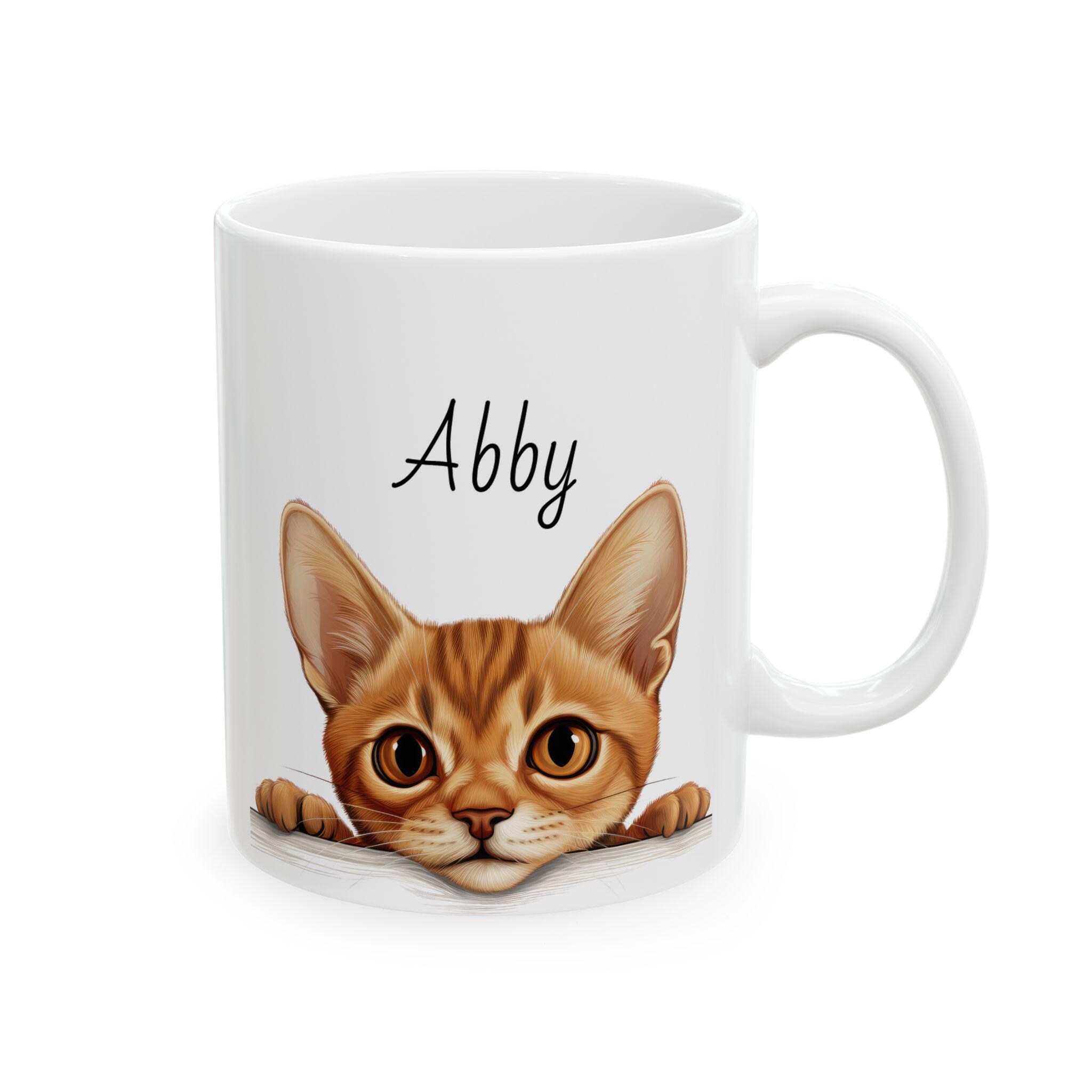Custom Name Cat Lover Mug - 11oz White Ceramic Cup With Abyssinian Cat Design, Personalized Gift For Cat Owners