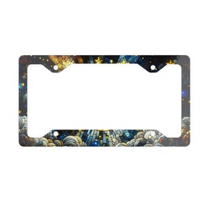 Celestial Moon and Stars Stained Glass Look Metal License Plate Frame