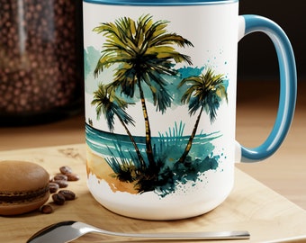 Beach Mug, Watercolor Beach, Palm Trees, Large Mug 15 oz