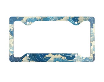 May include: A blue and white license plate frame with a Japanese wave pattern.