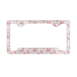 Pink Floral Chinoiserie Metal License Plate Frame, Pink White Floral Car Accessory, Coquette Decoration Gift, Car Decor License Plate Frame