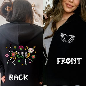 Cat Black Zip Up Hoodie Día De Los Muertos Cat Skeleton Heart Skeleton Full Zip Hooded Sweatshirt