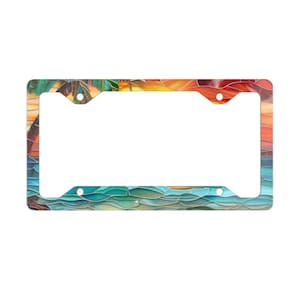 Ocean Vibes Metal License Plate Frame, Stained Glass Beach Scene Car Tag Holder, Coastal Car Accessory, Unique Gift for Beach Lover, Car