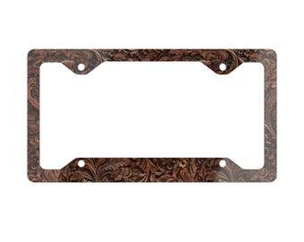 Western License Plate Frame, Faux Tooled Leather Floral Car Tag Cover, Southern Rodeo Truck Accessory, Boho Country Car Decor Gift