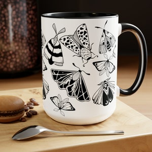 Black and White Mug, Moth Mug, Celestial Halloween Moth Pattern, 15 ounces, Halloween Mugs, Black Halloween Mugs, Moths, Cottage Core