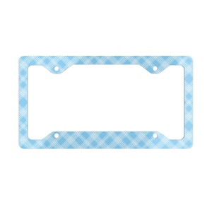 Light Blue Plaid Metal License Plate Frame, Sky Blue Plaid, Winter Sky Blue Car Decoration Festive Accessory, Vehicle Decor