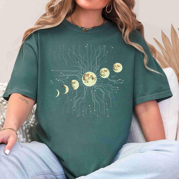 T-shirt Homme Gildan "Moon Phases" - Coton, Coupe Loose, Imprimé Païen Céleste, Neuf Sans étiquette