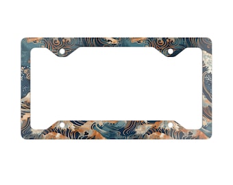 Japanese Wave License Plate Frame, Ocean Sea Wave Car Tag Cover, Aesthetic JDM Car Accessories, Vintage Coastal Wave Car Decor Gift