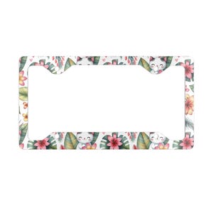 Metal License Plate Frame - Tropical Flowers and Cats, Floral Car Tag Holder, Cat Lover Gift, Vehicle Accessory, Garden Decor