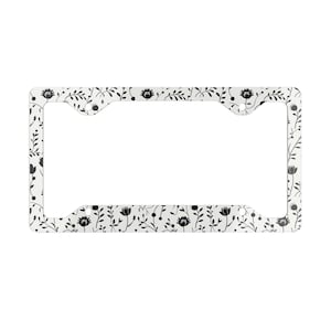 Black and White License Plate Frame - White and Black Floral, Car Accessory, Vehicle Decor, Flower Design, License Plate Holder