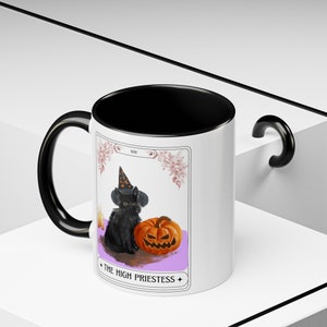 Carta de tarô de gato preto tarô alta sacerdotisa, caneca rosa de Halloween, canecas engraçadas de gato, gato preto de Halloween, caneca de gato fofa, gatos de cartas de tarô