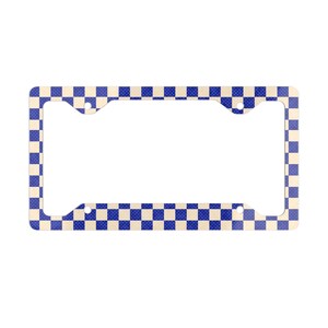 Checkerboard Metal License Plate Frame, Blue and Off-white Grunge Design, Car Accessories, Vehicle Decor, Novelty Gift, Auto Plate Holder
