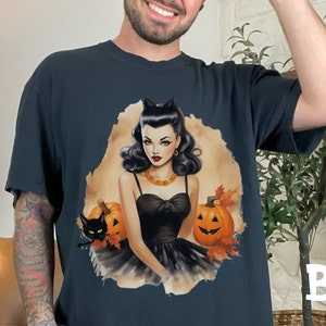 Comfort Colors Halloween Pinup 2 Shirt for Men and Women, Black Cat, Cat Ears