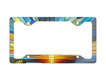 Beach Sunset License Plate Frames, Stained Glass Sunset Design for Coastal Cowgirl Car Accessories