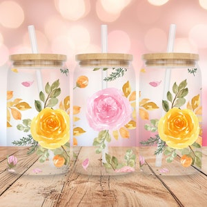 Floral Iced Coffee Glass with Lid and Straw