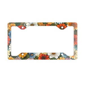 Boho Floral Metal License Plate Frame, Retro Flowers Car Tag Holder, Hippie Flower Design Auto Accessory, Vintage Garden Front License Plate
