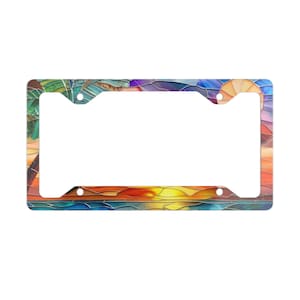 Ocean Vibes Metal License Plate Frame, Stained Glass Beach Scene Car Tag Holder, Coastal Car Accessory, Unique Gift for Beach Lover, Car