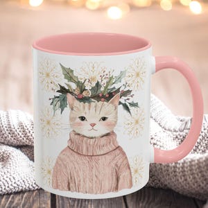 Ceramic Mug, Coquette Winter Cat in Pink Sweater, Cat Lover Gift, Coffee Cup, Tea Mug, Kitty Mug, Christmas Gift, Cat Lady Gift