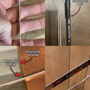 Op de afbeelding: Een dunne, lichtgewicht kentekenplaathouder getoond in meerdere aanzichten. Tekst bevat: ULTRA THIN, ULTRA LIGHT, The thinnest and lightest license plate frames available, Thinner than standard Bic pen, Minimalist Profile, Unobtrusive Design, Actual edge comparison. Get the look, lose the bulk.