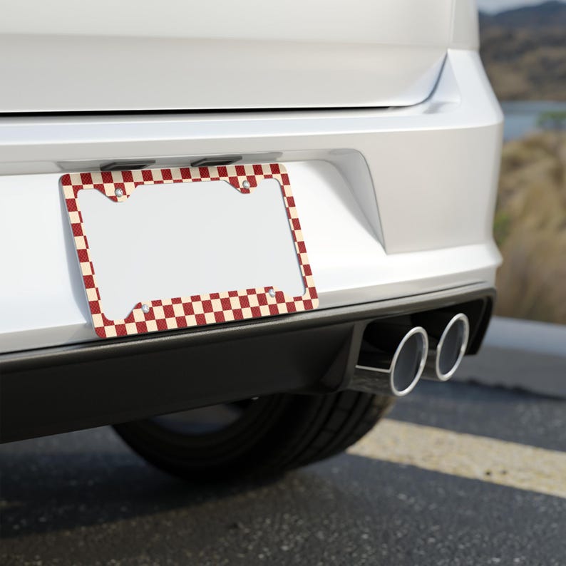 Checkerboard Metal License Plate Frame, Red and Offwhite Grunge Design