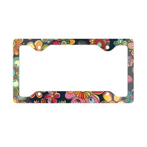 Floral License Plate Frame, Retro Car Accessory, Boho Vehicle Decor, Vintage Auto Tag Holder, Hippie Car Gift, Flower Pattern Car Frame