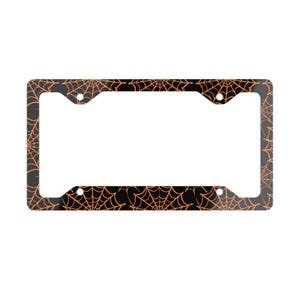 Halloween License Plate Frame, Black Orange Spiderwebs, Car Accessories, Spooky Gift, Auto Decoration, Halloween Decor