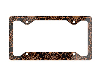 Halloween Spiderwebs License Plate Frames - 2 Pack Black & White Grunge Style Metal Tag Frames For Cars