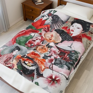 Japanese Collage Blanket, Geisha Koi Fish Throw, Cherry Blossom Sushi Art Blanket, Asian Inspired Home Decor