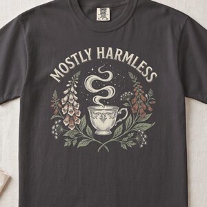 Peut inclure: Un t-shirt gris anthracite à manches courtes avec une impression graphique représentant une tasse de thé avec de la vapeur tourbillonnante, entourée de digitales et de constellations. Le texte MOSTLY HARMLESS est arqué au-dessus.