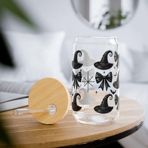 Halloween Iced Coffee Glass Coquette Witch Hats and Bows Can Glass, 16oz