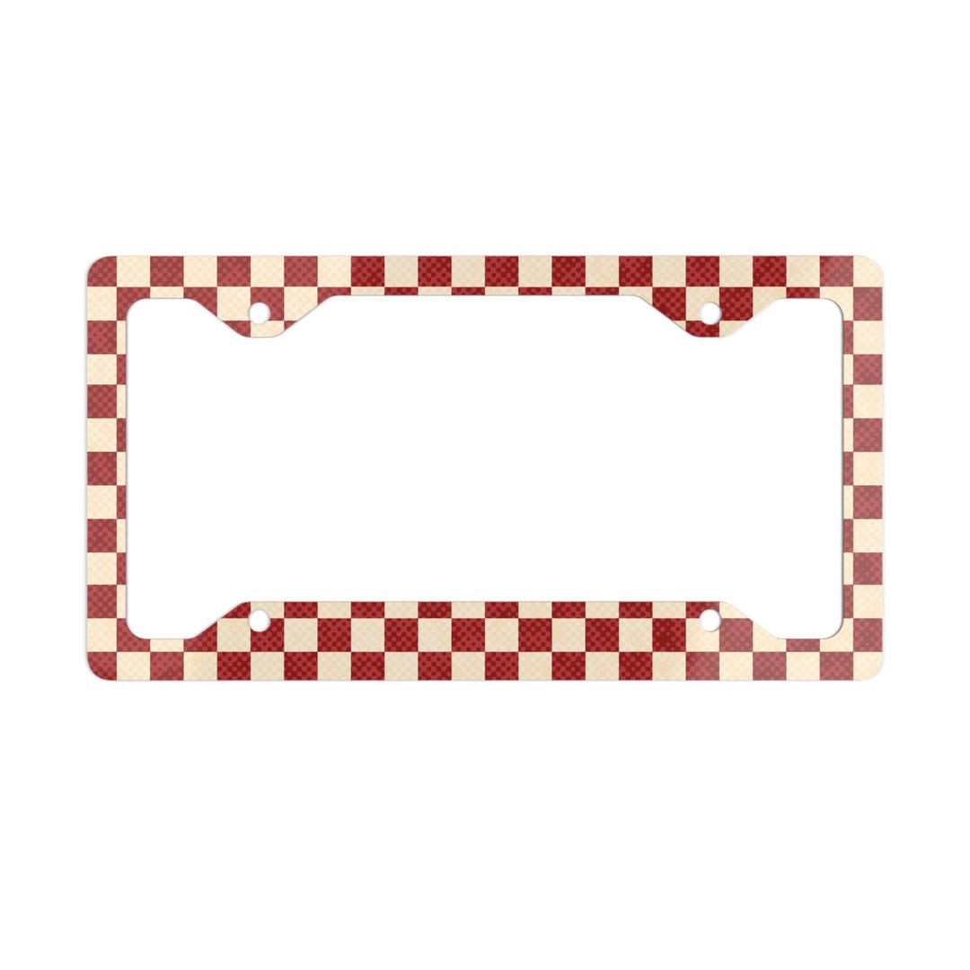 Checkerboard Metal License Plate Frame, Red and Offwhite Grunge Design