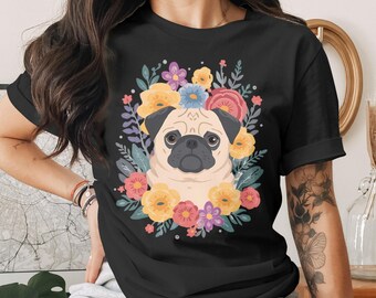Floral Pug Dog T-Shirt, Adorable Illustration Tee, Pet Lover Gift