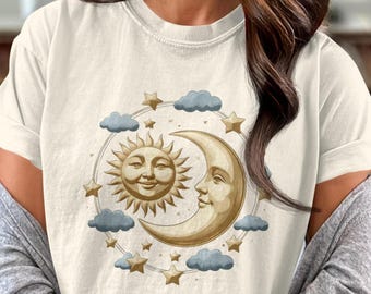 Celestial Sun and Moon T-Shirt – Vintage Comfort Colors Tee with Stars and Clouds, Aesthetic Graphic Shirt, Boho Cosmic Shirt Gift