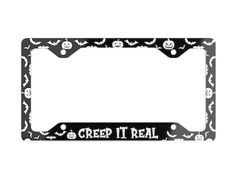 Halloween License Plate Frame Halloween Creep It Real Car Decor, Spooky Metal Frame Gift, Bats Pumpkins Vehicle Accessory