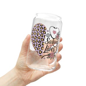 Saving Lives Iced Coffee Glass 16oz Heart and Stethoscope Cup Nurse Gift Doctor Gift Medical Student Drinkware, Leopard Print