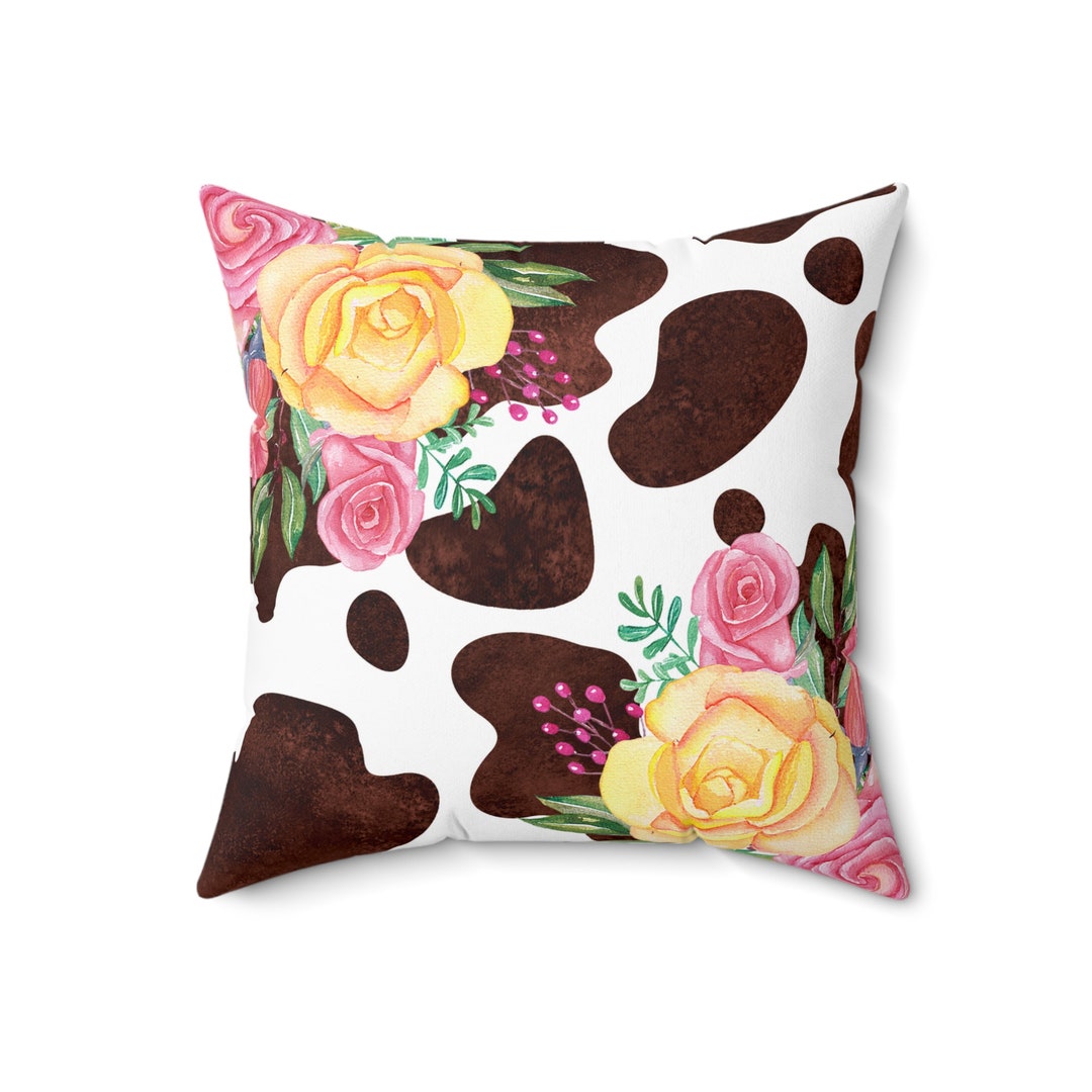Cow Print Pillow With Floral Design Accent Pillows Preppy Etsy