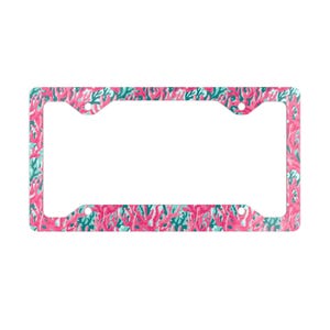 Cute Coral Abstract Metal License Plate Frame, Pink Teal Car Accessory Gift Pink Teal Beach Decor, License Plate Holder, Auto Car Tag Frame,
