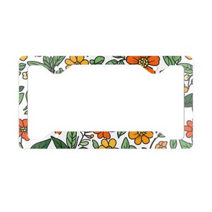 Cadre de plaque d'immatriculation floral moderne Mid-Century - Motif floral rétro des années 70 - Jolie décoration de voiture en métal - Plaque de vanité avant esthétique MCM