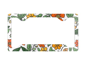 Mid Century Modern Floral License Plate Frame - Retro 70s Flower Pattern - Cute Metal Car Decor - MCM Aesthetic Front Vanity Plate