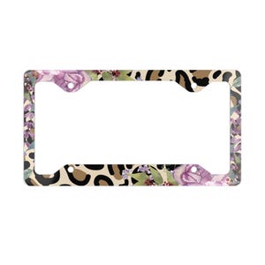 License Plate Frame, Leopard Print Floral Car Accessory, Animal Print Auto Decor, Jungle Flower Pattern Vehicle Gift, Girly Car