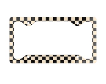Checkerboard Metal License Plate Frame, Black and Off-white Grunge Design