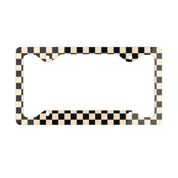 Checkerboard Metal License Plate Frame, Black and Off-white Grunge Design