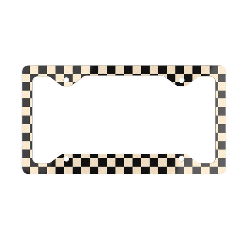 Checkerboard Metal License Plate Frame, Black and Off-white Grunge Design afbeelding 1