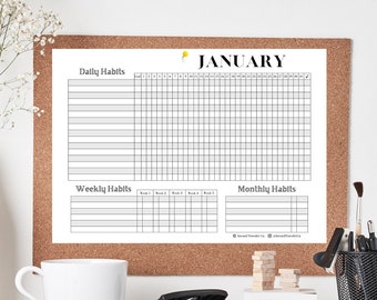 Peut inclure: Un tableau de suivi des habitudes imprimable pour janvier avec des sections pour les habitudes quotidiennes, hebdomadaires et mensuelles. Le tableau est imprimé sur du papier blanc et est encadré d'un tableau en liège.