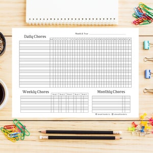 May include: Printable chore chart with sections for daily, weekly, and monthly tasks. The chart has a simple black and white design with lines for writing in chores.
