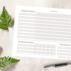 Pu&ograve; includere: Un tracker di abitudini stampabile con sezioni per le pratiche quotidiane, settimanali e mensili. Il tracker ha un layout a griglia con spazi per ogni giorno del mese e righe per elencare le abitudini.