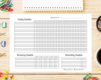 Printable HABIT TRACKER B&W, Habit Tracker Printable, Print At Home Habit Tracker, Instant Download Habit Tracker, Daily Weekly Monthly