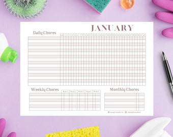 12 mesi stampabile CHORE CHART Beige, grafico dei lavori domestici familiari, grafico dei lavori domestici mensili settimanali giornalieri 365, grafico dei lavori domestici neutrali beige stampabile